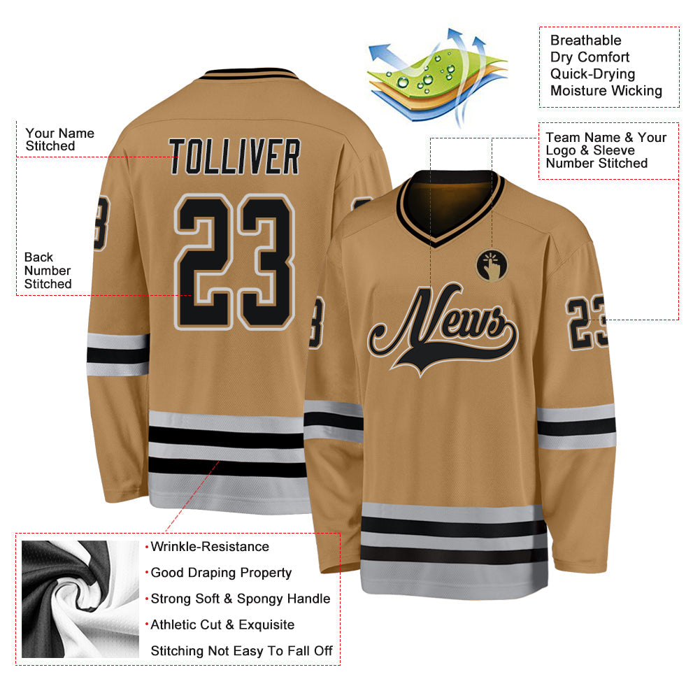 Custom Old Gold Black-Gray Hockey Jersey - Sky-Custom