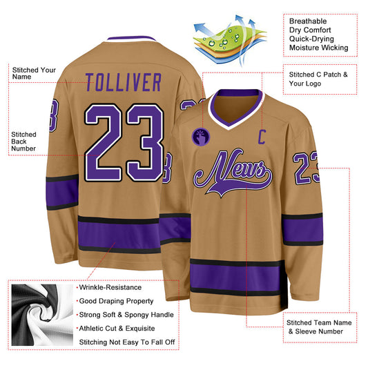 Custom Old Gold Purple-Black Hockey Jersey - Sky-Custom