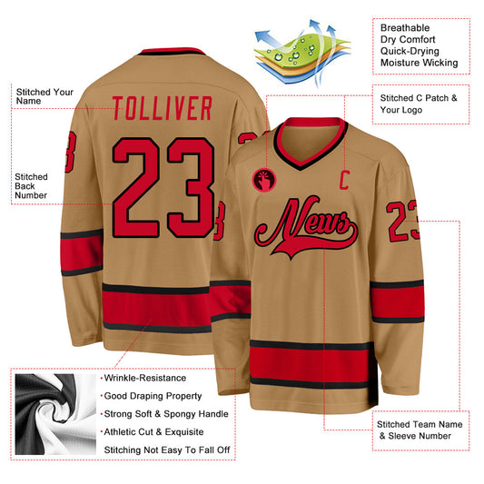 Custom Old Gold Red-Black Hockey Jersey - Sky-Custom