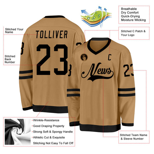 Custom Old Gold Black Hockey Jersey - Sky-Custom