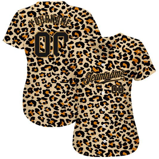 Custom Old Gold Black-Old Gold 3D Pattern Design Leopard Authentic Baseball Jersey - Sky-Custom