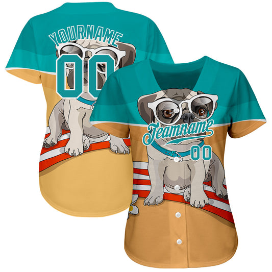 Custom Old Gold Teal-White 3D Pattern Design Puppy Pug Authentic Baseball Jersey - Sky-Custom
