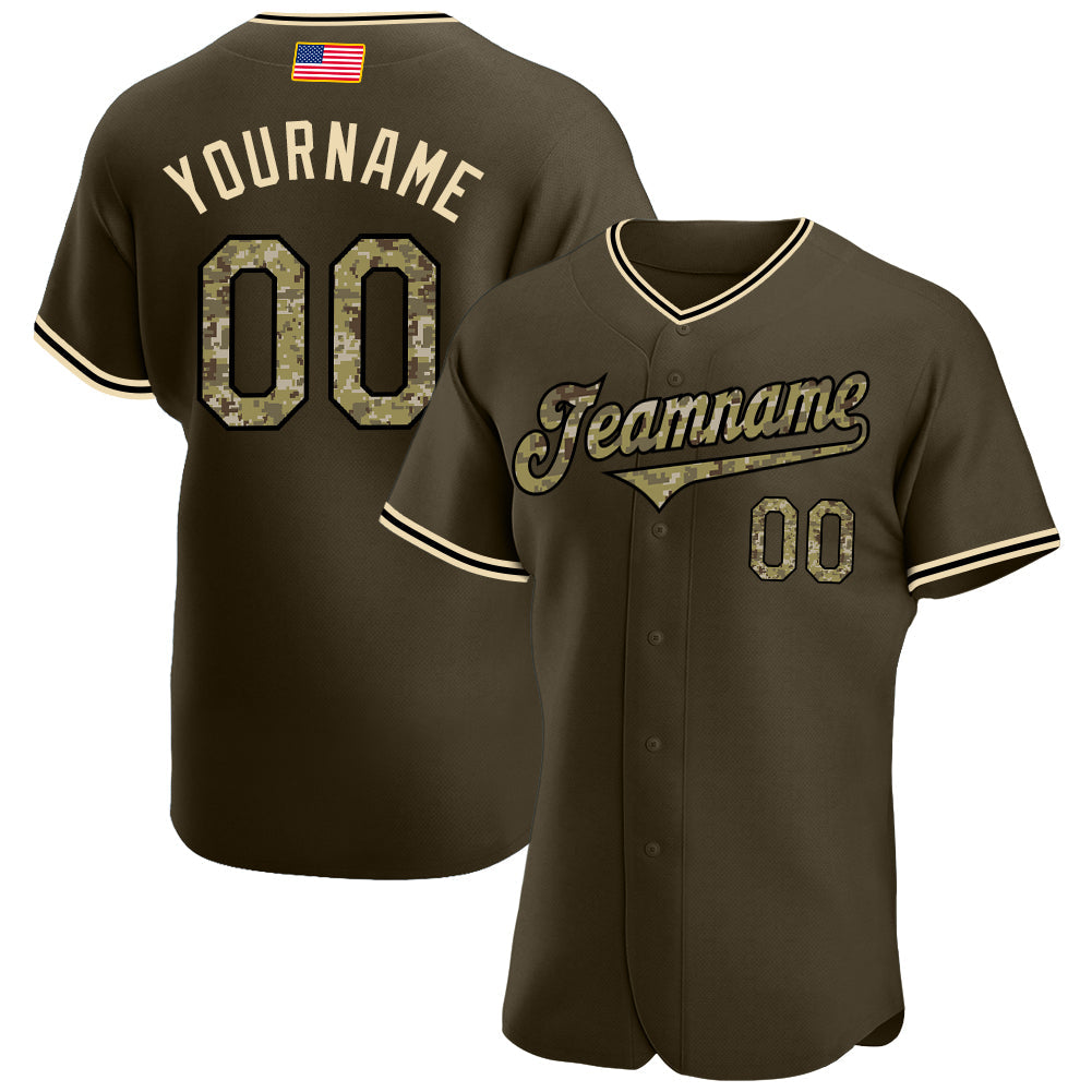 Custom Olive Camo-Black Authentic American Flag Fashion Salute To Service Baseball Jersey - Sky-Custom