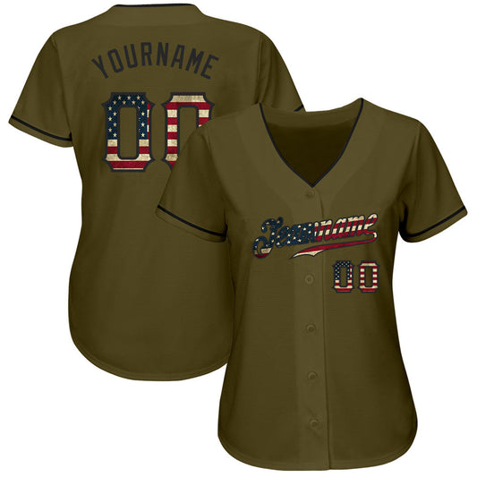 Custom Olive Vintage USA Flag-Black Authentic Salute To Service Baseball Jersey - Sky-Custom