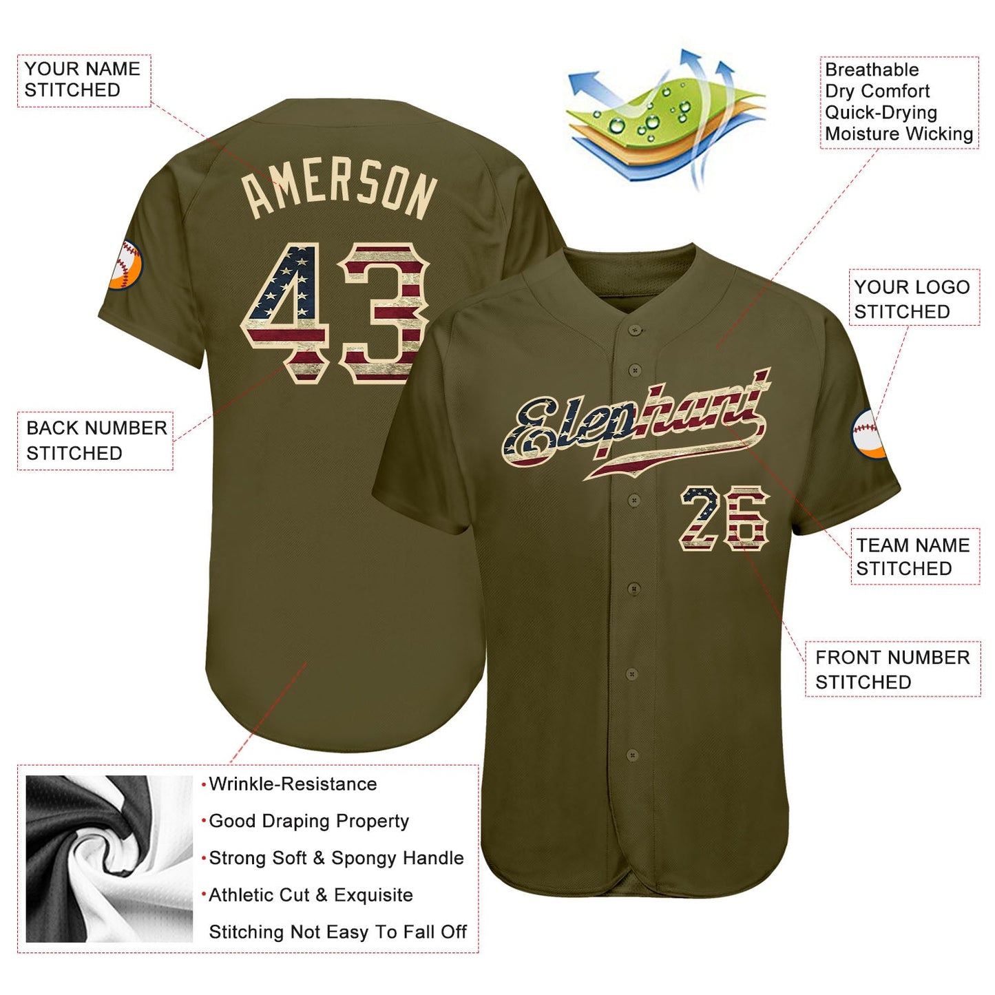 Custom Olive Vintage USA Flag-Cream Authentic Salute To Service Baseball Jersey - Sky-Custom