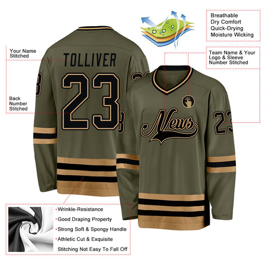 Custom Olive Black-Old Gold Salute To Service Hockey Jersey - Sky-Custom