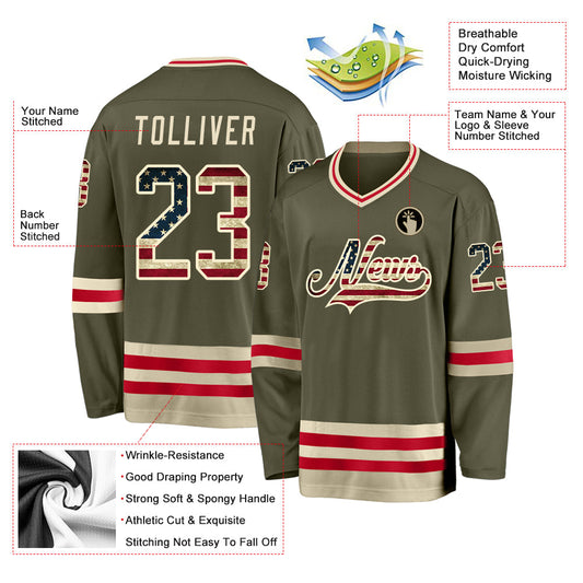 Custom Olive Vintage USA Flag-Cream Salute To Service Hockey Jersey - Sky-Custom