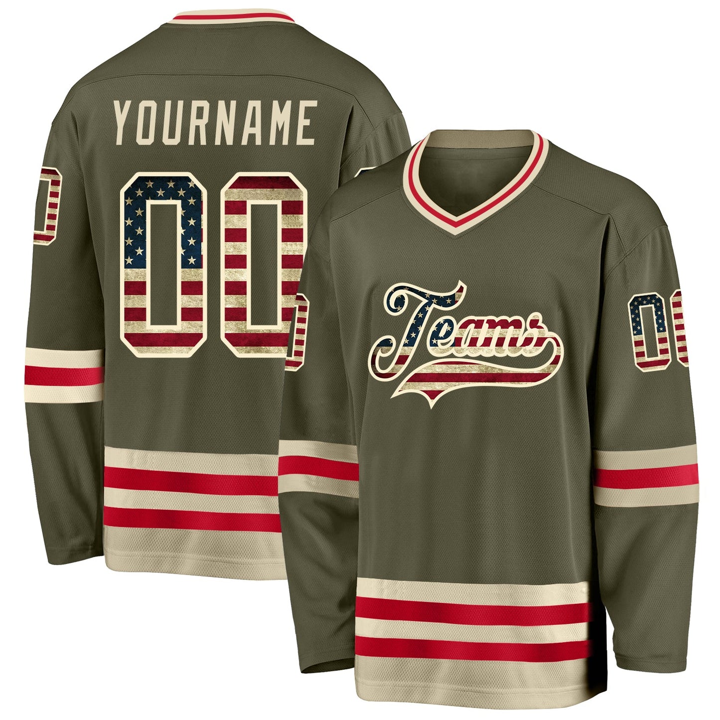 Custom Olive Vintage USA Flag-Cream Salute To Service Hockey Jersey - Sky-Custom
