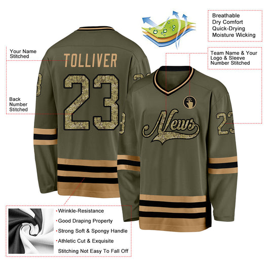 Custom Olive Camo-Old Gold Salute To Service Hockey Jersey - Sky-Custom