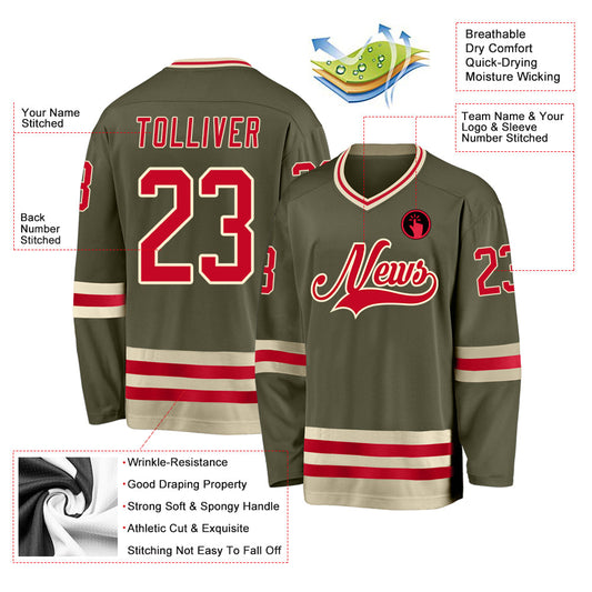 Custom Olive Red-Cream Salute To Service Hockey Jersey - Sky-Custom