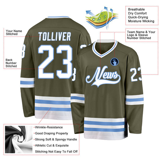Custom Olive White-Light Blue Salute To Service Hockey Jersey - Sky-Custom