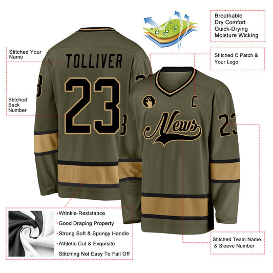 Custom Olive Black-Old Gold Salute To Service Hockey Jersey - Sky-Custom