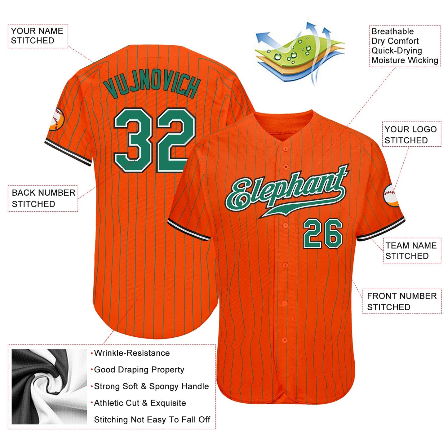 Custom Orange Kelly Green Pinstripe Kelly Green-Black Authentic Baseball Jersey - Sky-Custom