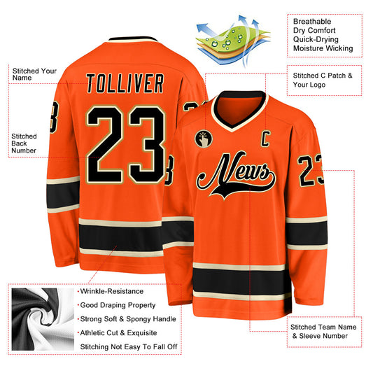 Custom Orange Black-Cream Hockey Jersey - Sky-Custom
