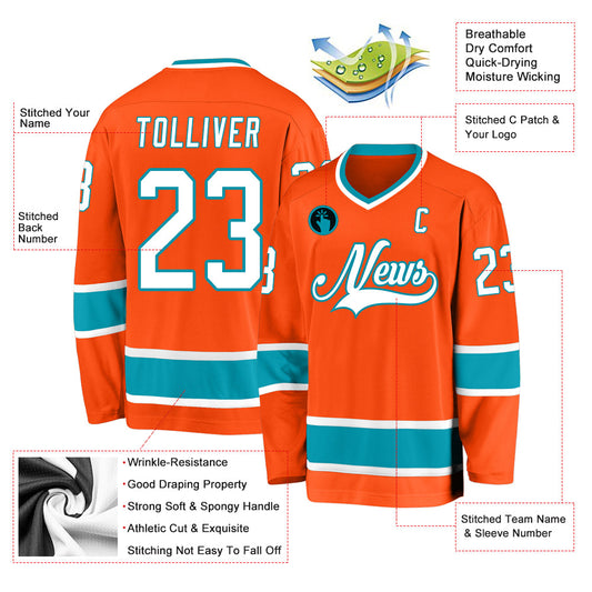 Custom Orange White-Teal Hockey Jersey - Sky-Custom