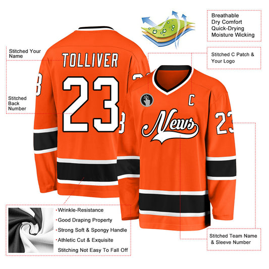 Custom Orange White-Black Hockey Jersey - Sky-Custom