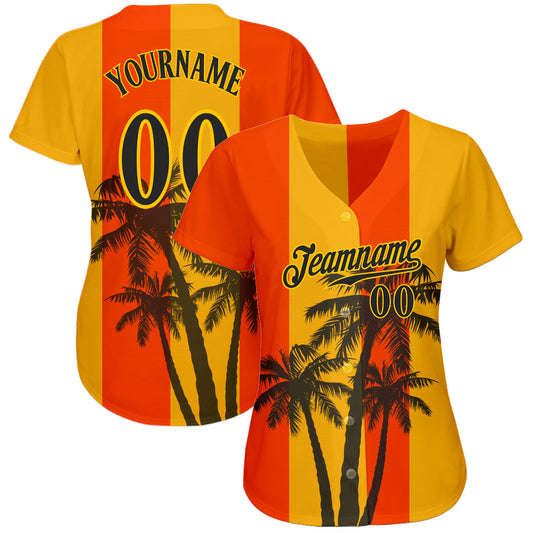 Custom Orange Black-Gold 3D Pattern Design Hawaii Coconut Trees Authentic Baseball Jersey - Sky-Custom