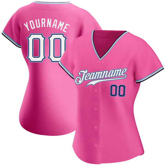 Custom Pink White-Navy Authentic Baseball Jersey - Sky-Custom