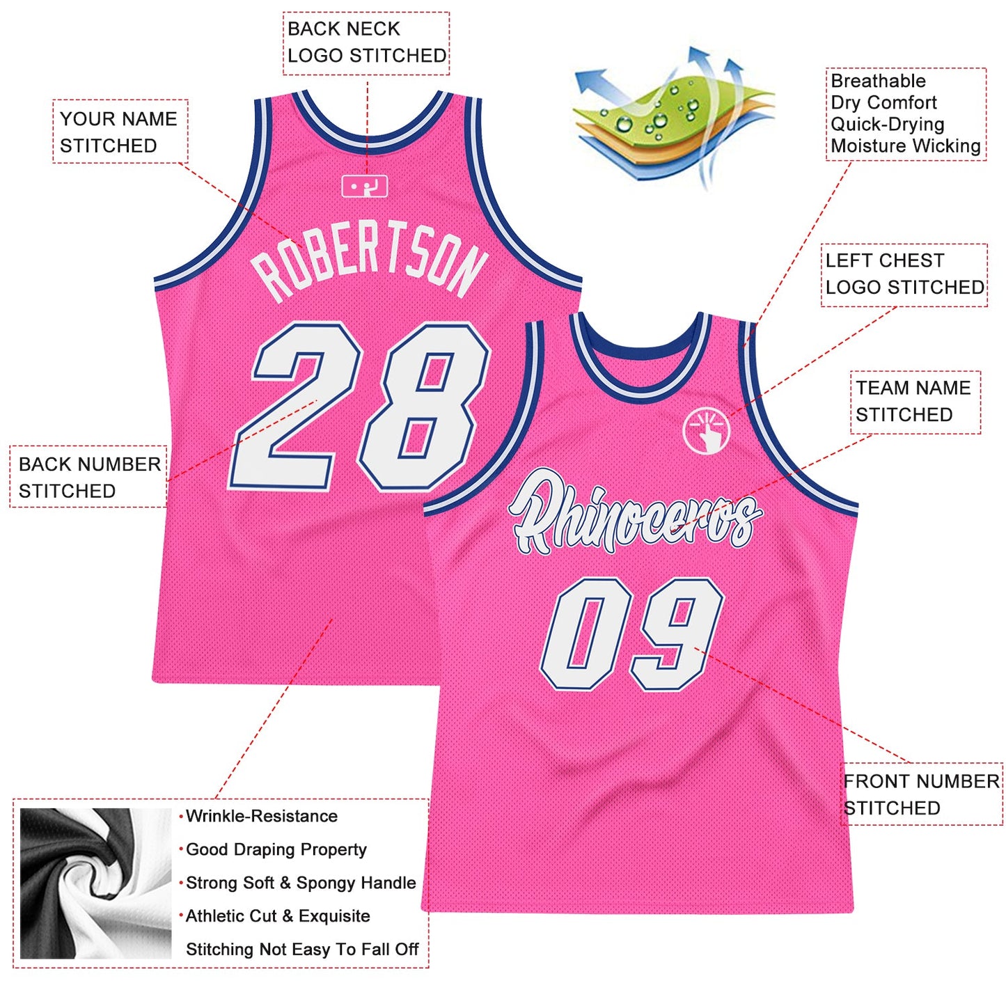 Custom Pink White-Royal Authentic Throwback Basketball Jersey - Sky-Custom