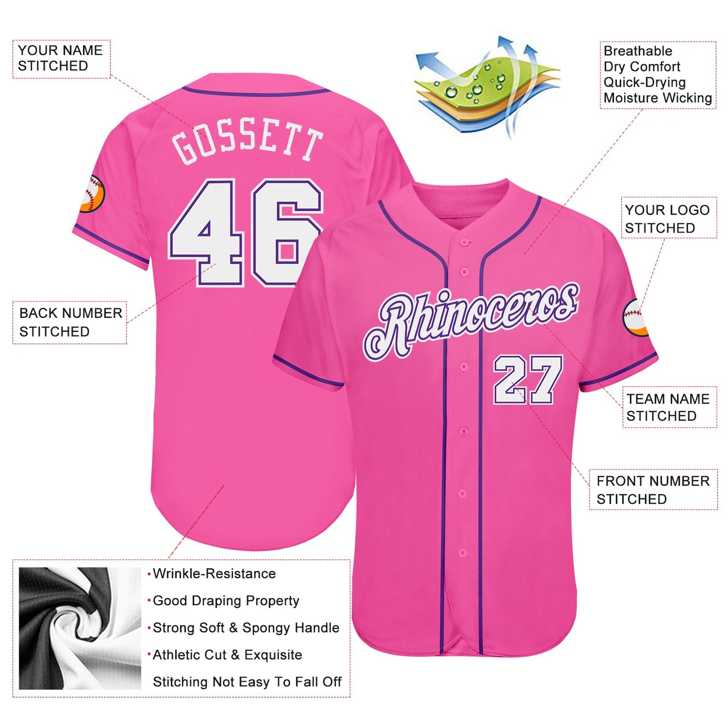 Custom Pink White-Purple Authentic Baseball Jersey - Sky-Custom