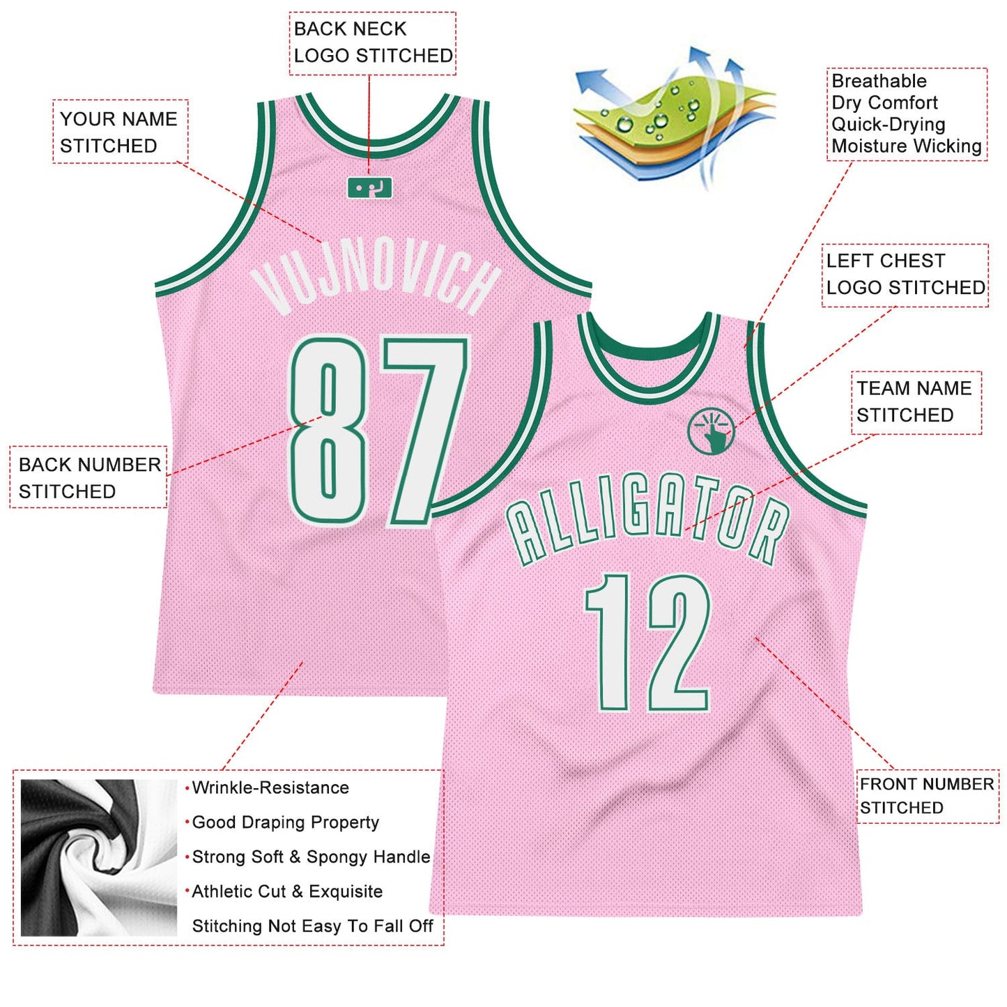 Custom Light Pink White-Kelly Green Authentic Throwback Basketball Jersey - Sky-Custom