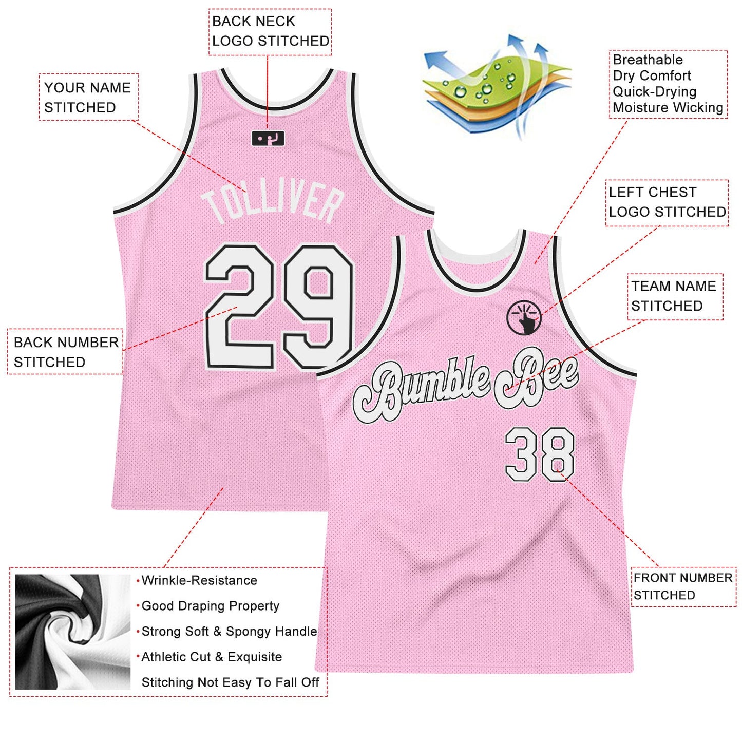 Custom Light Pink White-Black Authentic Throwback Basketball Jersey - Sky-Custom