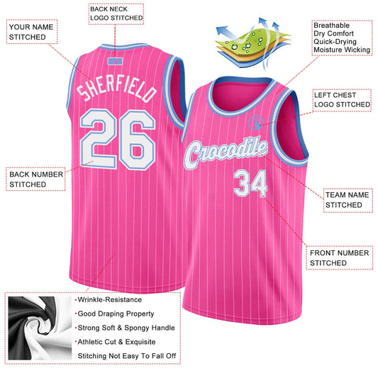 Custom Pink White Pinstripe White-Light Blue Authentic Basketball Jersey - Sky-Custom