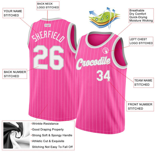 Custom Pink White Pinstripe White-Gray Authentic Basketball Jersey - Sky-Custom