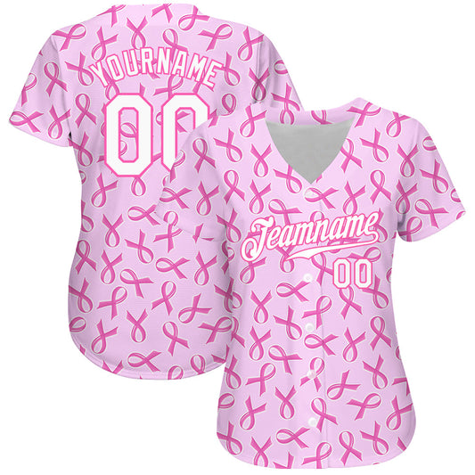 Custom Pink White 3D Pattern Design Breast Cancer Authentic Baseball Jersey - Sky-Custom