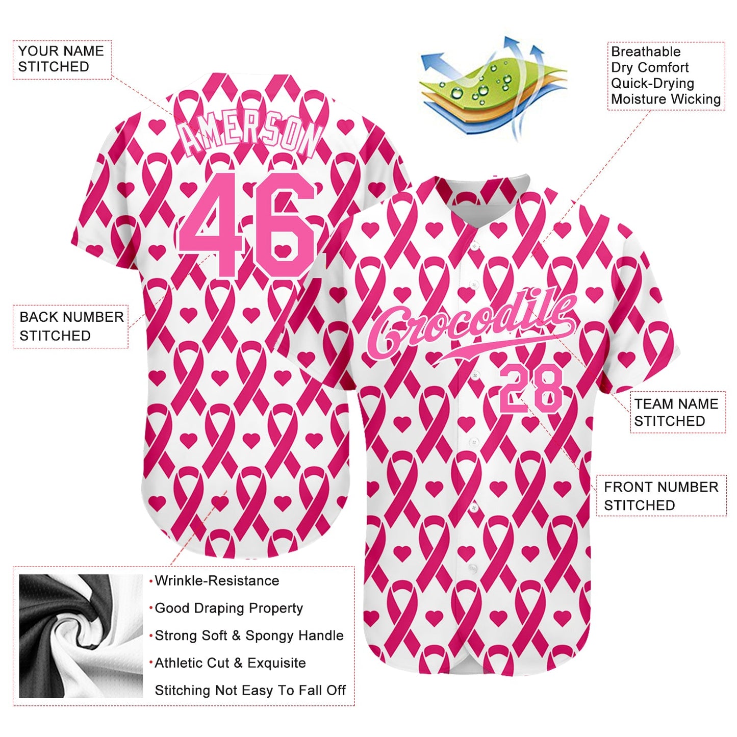 Custom Pink Pink-White 3D Pattern Design Breast Cancer Authentic Baseball Jersey - Sky-Custom