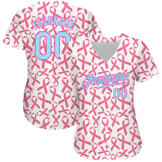 Custom Pink Light Blue-Pink 3D Pattern Design Breast Cancer Authentic Baseball Jersey - Sky-Custom