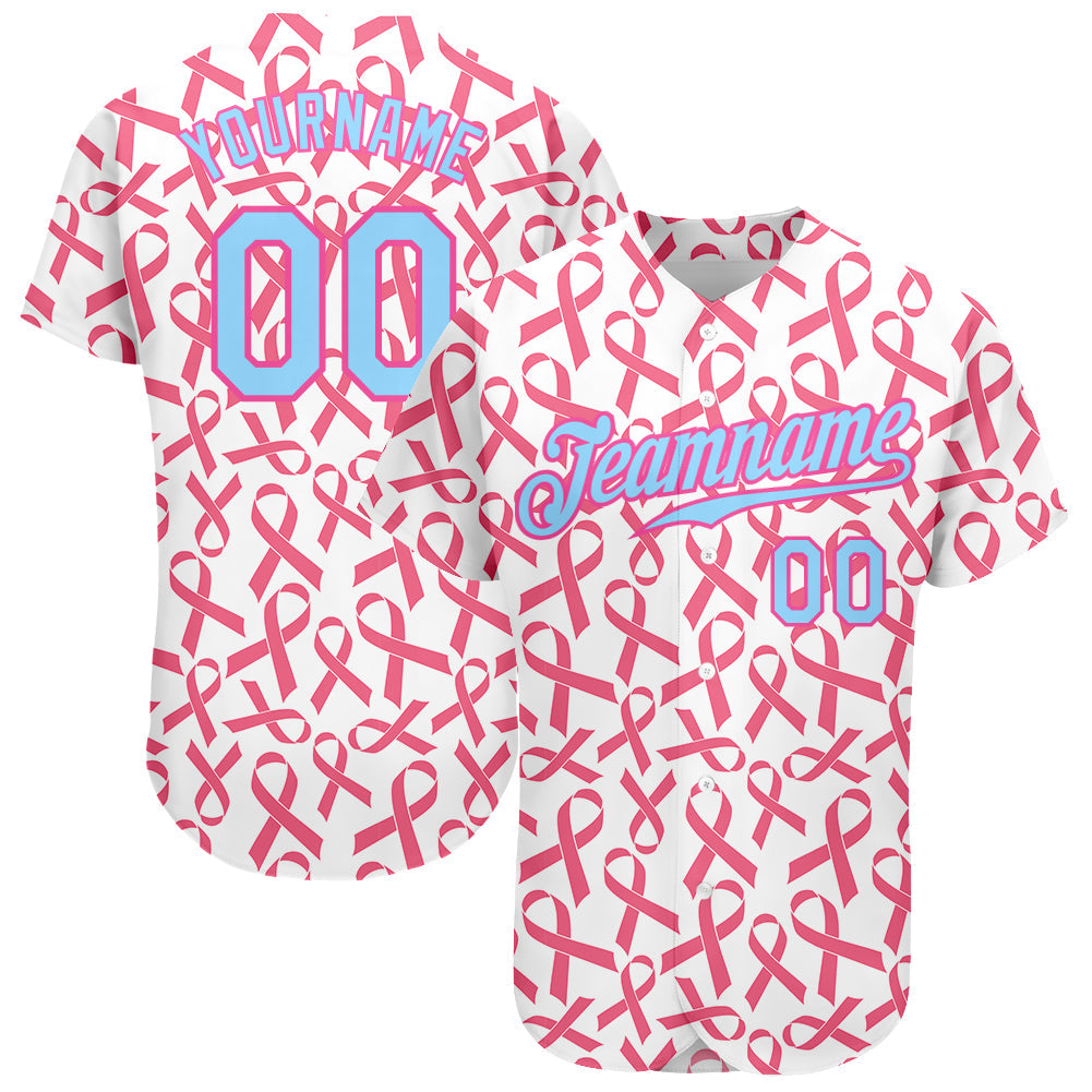 Custom Pink Light Blue-Pink 3D Pattern Design Breast Cancer Authentic Baseball Jersey - Sky-Custom