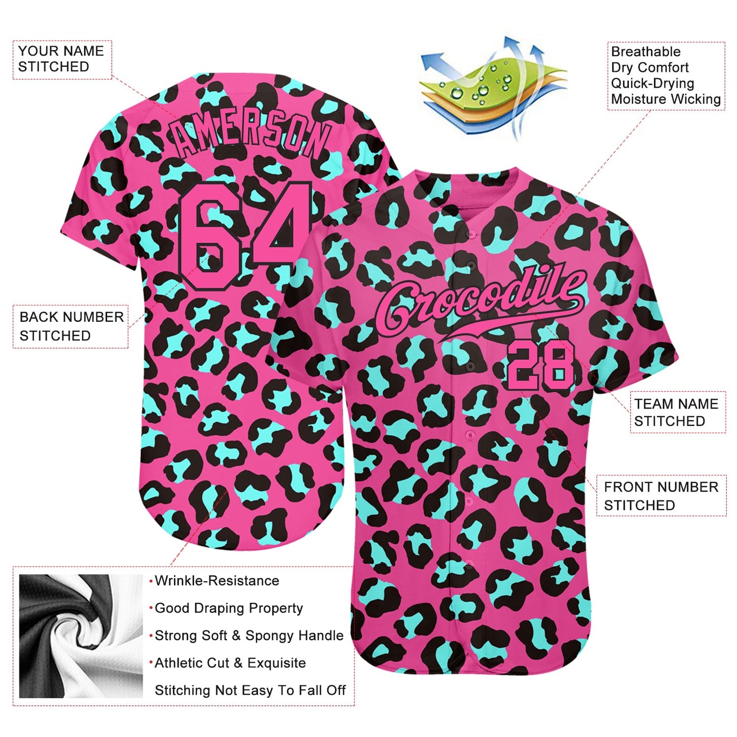 Custom Pink Pink-Black 3D Pattern Design Leopard Authentic Baseball Jersey - Sky-Custom