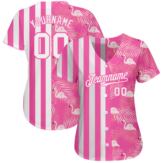 Custom Pink White 3D Pattern Design Tropical Palm Leaves And Famingo Authentic Baseball Jersey - Sky-Custom