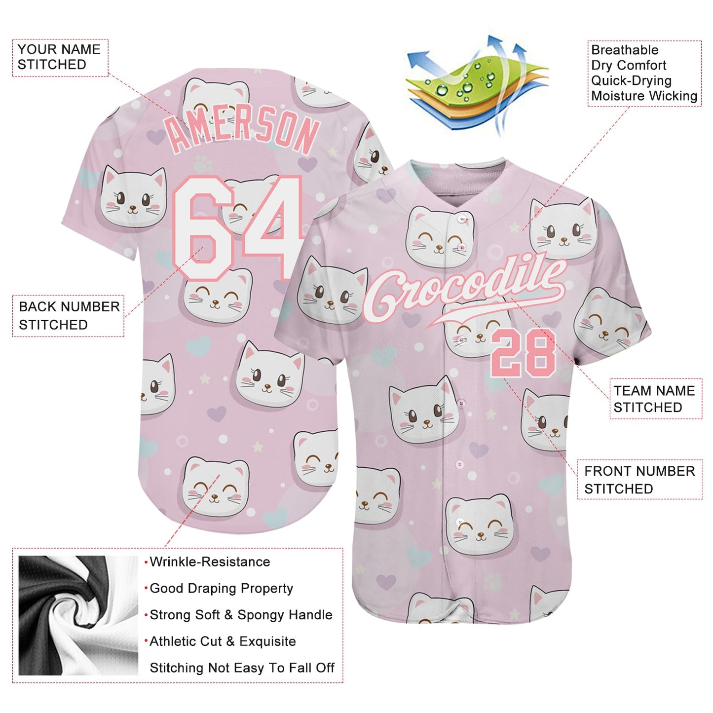 Custom Light Pink White-Light Pink 3D Pattern Design Cats Authentic Baseball Jersey - Sky-Custom