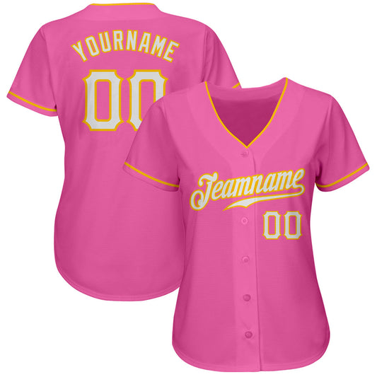 Custom Pink White-Gold Authentic Baseball Jersey - Sky-Custom