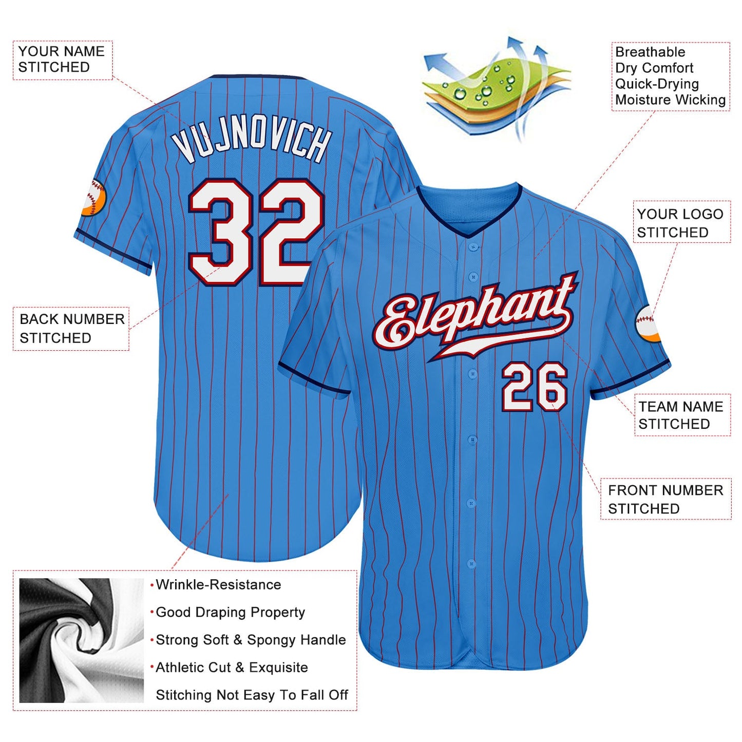 Custom Powder Blue Red Pinstripe White-Navy Authentic Baseball Jersey - Sky-Custom