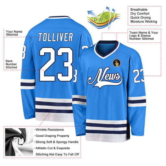 Custom Powder Blue White-Navy Hockey Jersey - Sky-Custom