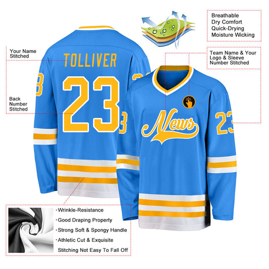 Custom Powder Blue Gold-White Hockey Jersey - Sky-Custom