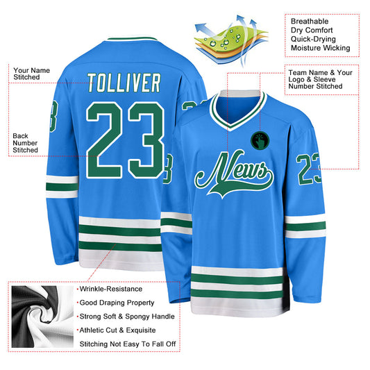 Custom Powder Blue Kelly Green-White Hockey Jersey - Sky-Custom