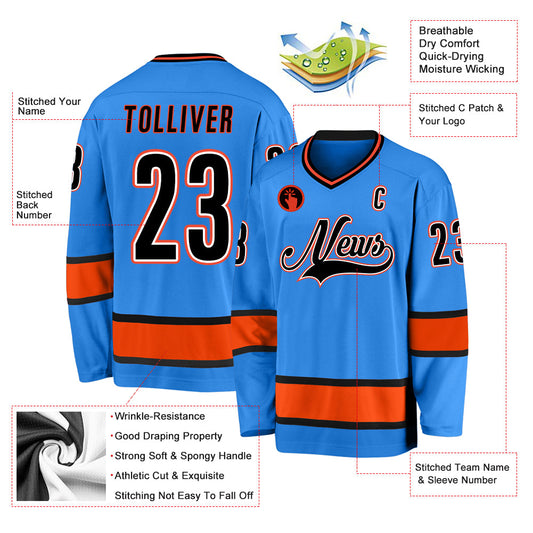 Custom Powder Blue Black-Orange Hockey Jersey - Sky-Custom