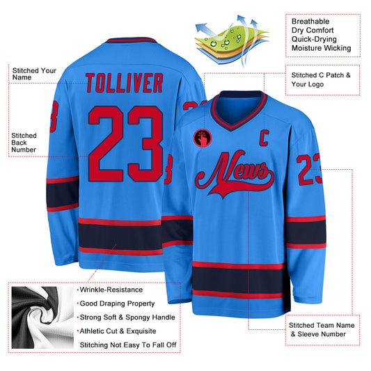Custom Powder Blue Red-Navy Hockey Jersey - Sky-Custom