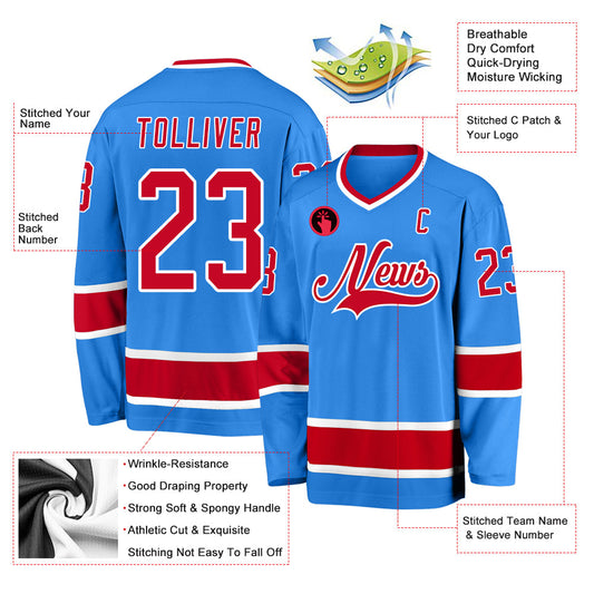 Custom Powder Blue Red-White Hockey Jersey - Sky-Custom