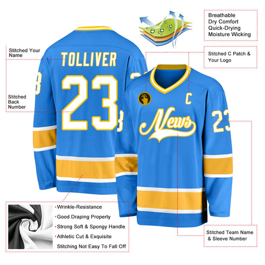 Custom Powder Blue White-Gold Hockey Jersey - Sky-Custom