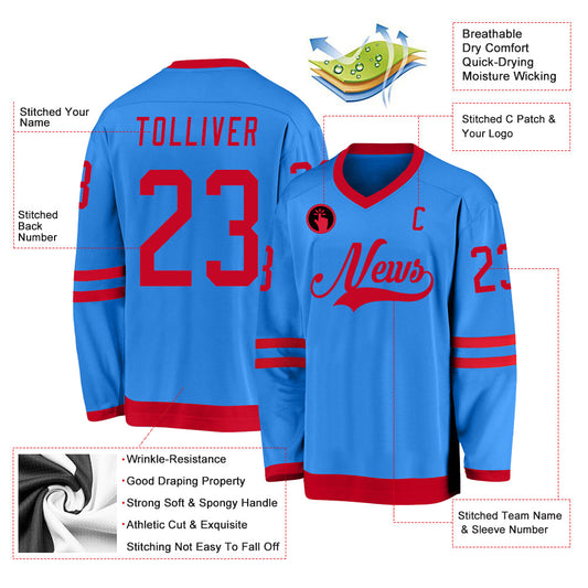 Custom Powder Blue Red Hockey Jersey - Sky-Custom