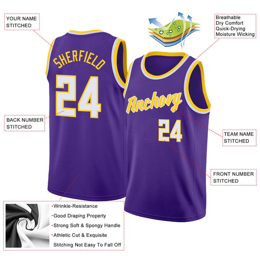Custom Purple White-Gold Round Neck Rib-Knit Basketball Jersey - Sky-Custom