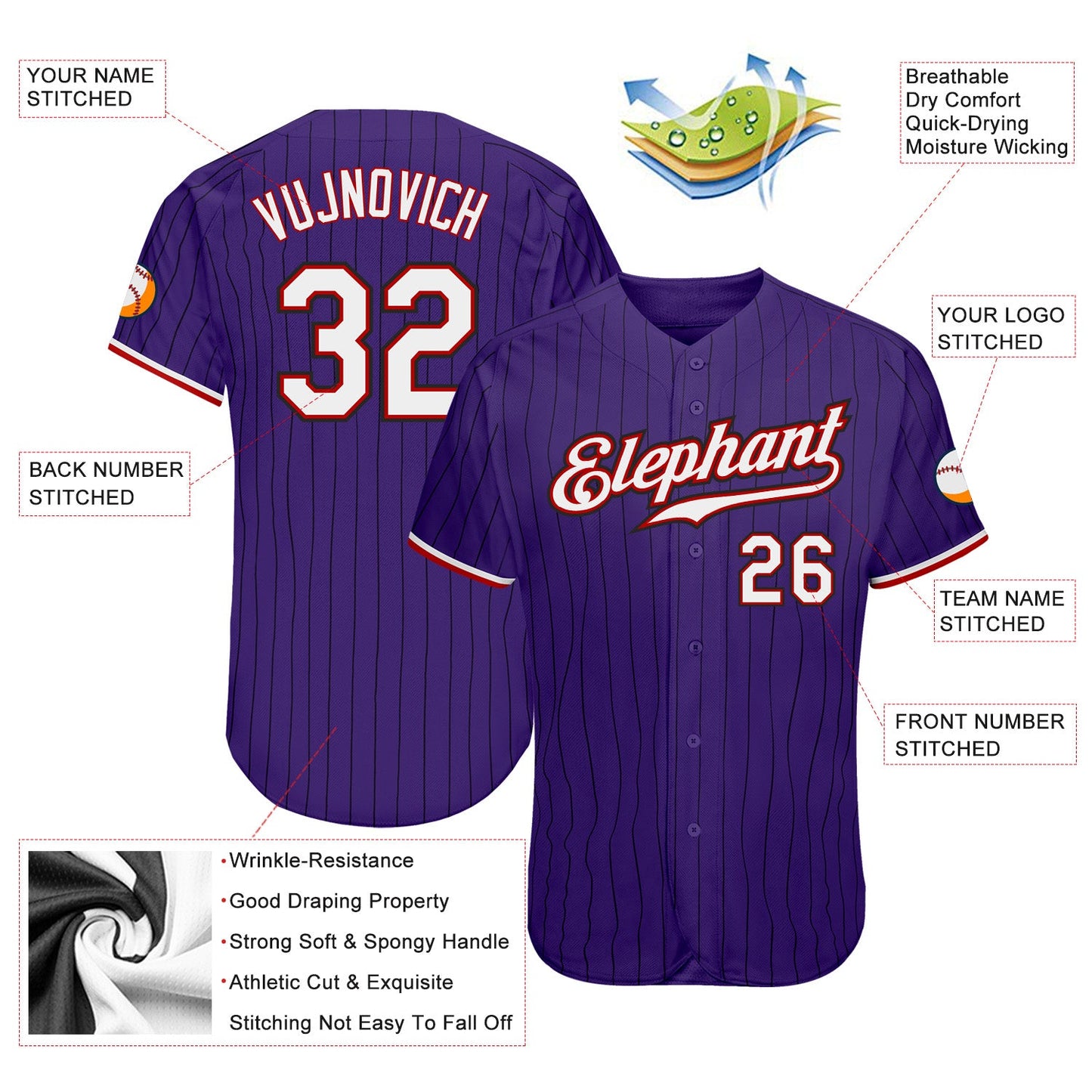 Custom Purple Black Pinstripe White-Red Authentic Baseball Jersey - Sky-Custom