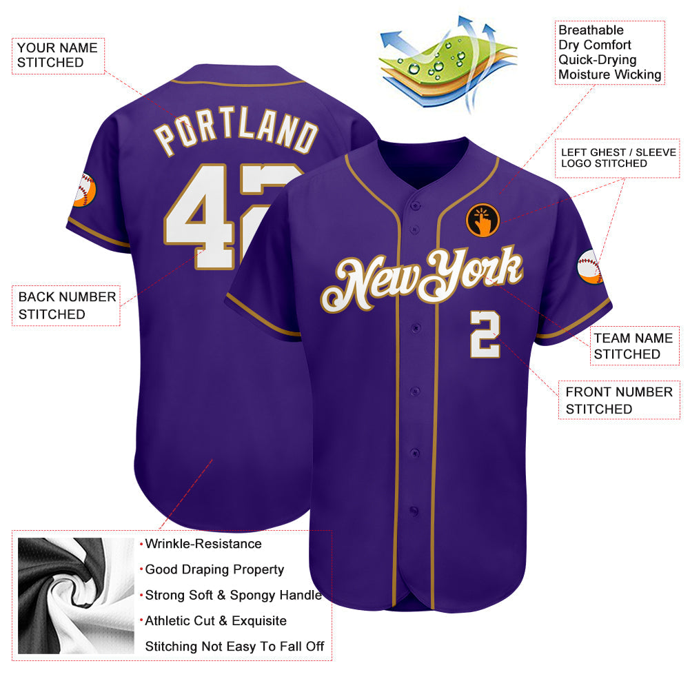Custom Purple White-Old Gold Authentic Baseball Jersey - Sky-Custom