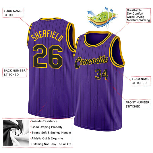 Custom Purple Black Pinstripe Black-Gold Authentic Basketball Jersey - Sky-Custom