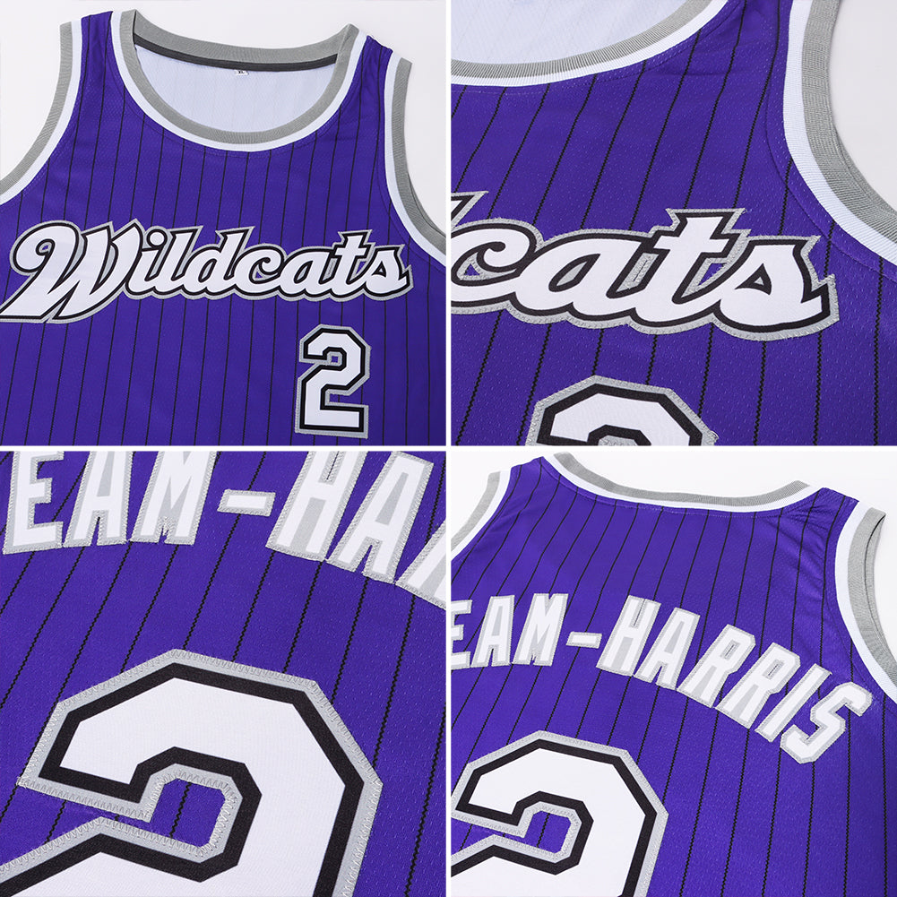 Custom Purple Black Pinstripe White-Gray Authentic Basketball Jersey - Sky-Custom